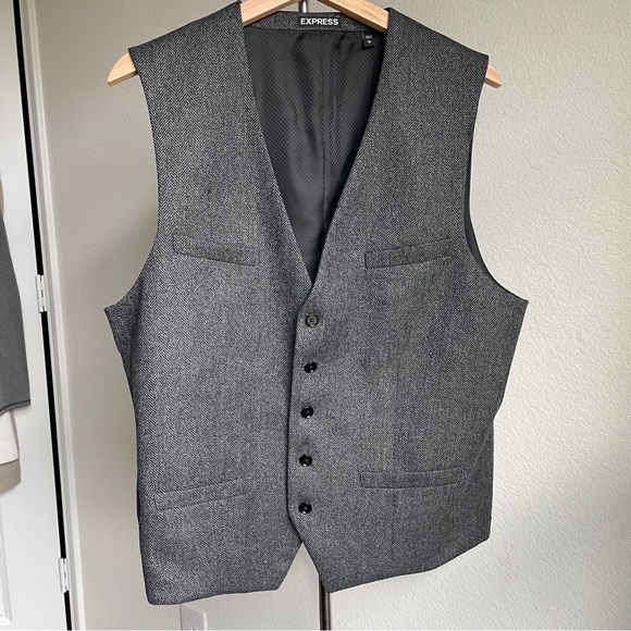 Express Other - Express Men's Charcoal Gray Herringbone Dress Vest Wool Blend Large Wedding
